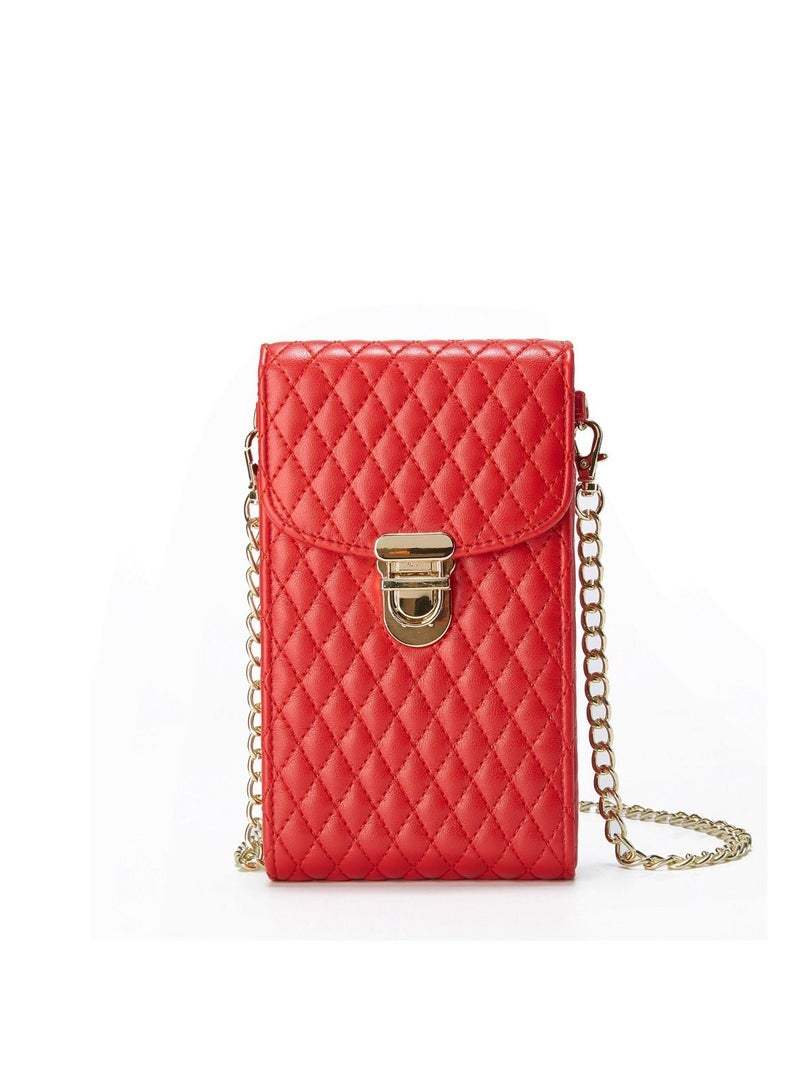 Cell Phone Bag Women Crossbody Small Shoulder Handbags Luxury Quilted Wallet Purse Soft Vegan PU Leather Case Ladies Dating with Gold Chain Strap (RED)