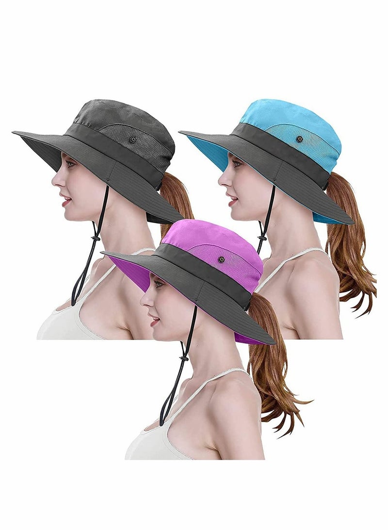 Women's Outdoor Ponytail Wide Brim Sun Hat Foldable  Mesh  UV Protection Beach Suitable For Fishing And Hiking (3 PCS)
