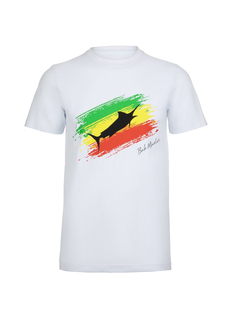 Bob Marlin Premium Tshirt One Love for Fishing Rasta Flag White