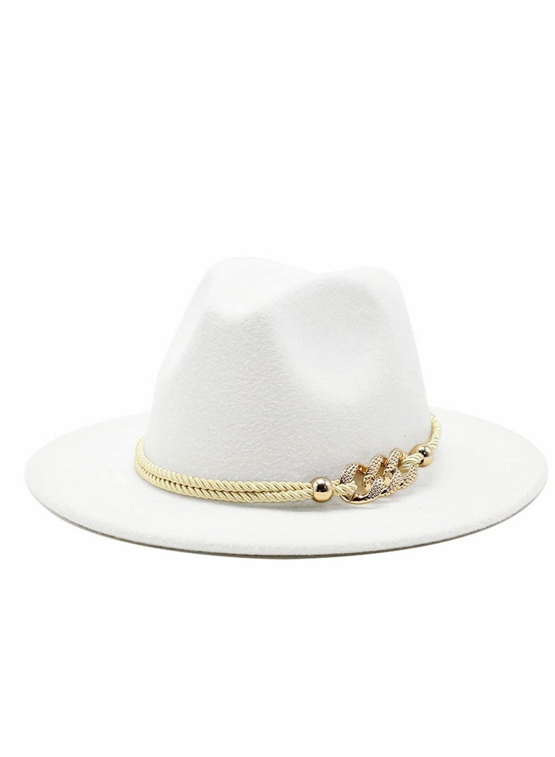 Womens Wide Brim Panama Hat Lady Mens Felt Fedora with Ring Belt, White