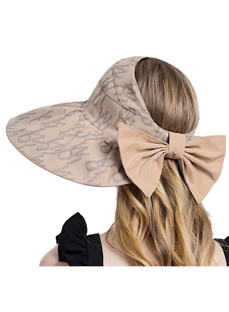 Women Sun Hat, Summer Beach Caps Hat Wide Brim UV Protection Floppy Brown Roll Up Double-Side-Wear Ponytail Hats Baseball Adjustable Cap