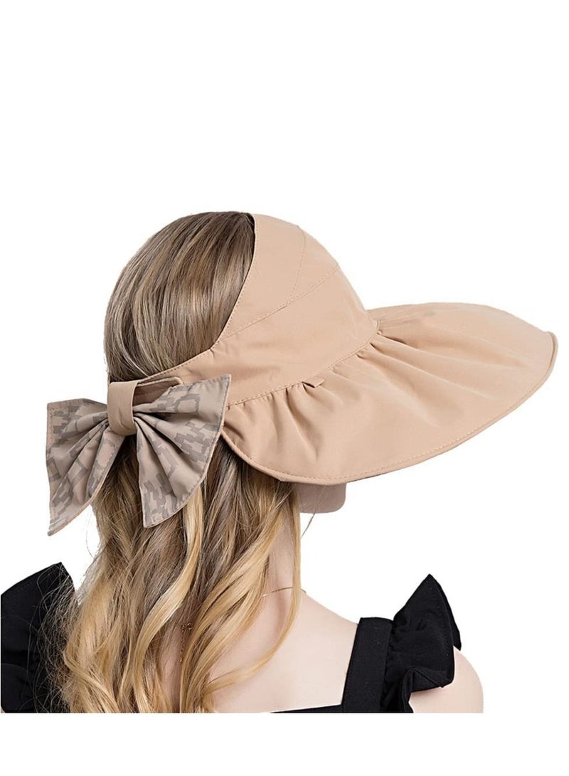 Women Sun Hat, Summer Beach Caps Hat Wide Brim UV Protection Floppy Brown Roll Up Double-Side-Wear Ponytail Hats Baseball Adjustable Cap