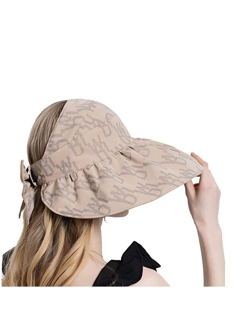 Women Sun Hat, Summer Beach Caps Hat Wide Brim UV Protection Floppy Brown Roll Up Double-Side-Wear Ponytail Hats Baseball Adjustable Cap