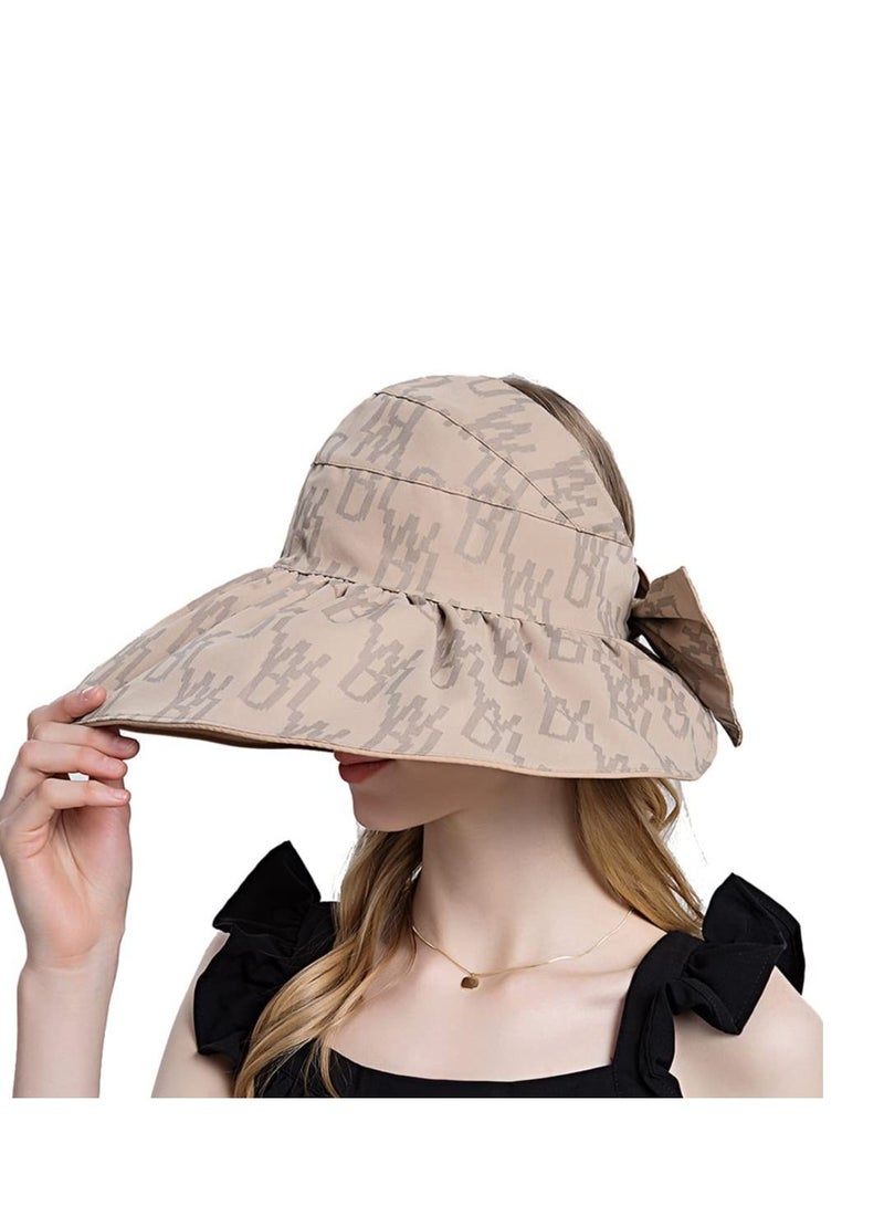 Women Sun Hat, Summer Beach Caps Hat Wide Brim UV Protection Floppy Brown Roll Up Double-Side-Wear Ponytail Hats Baseball Adjustable Cap