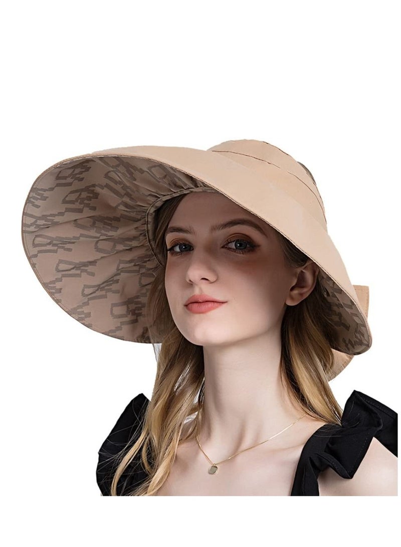 Women Sun Hat, Summer Beach Caps Hat Wide Brim UV Protection Floppy Brown Roll Up Double-Side-Wear Ponytail Hats Baseball Adjustable Cap
