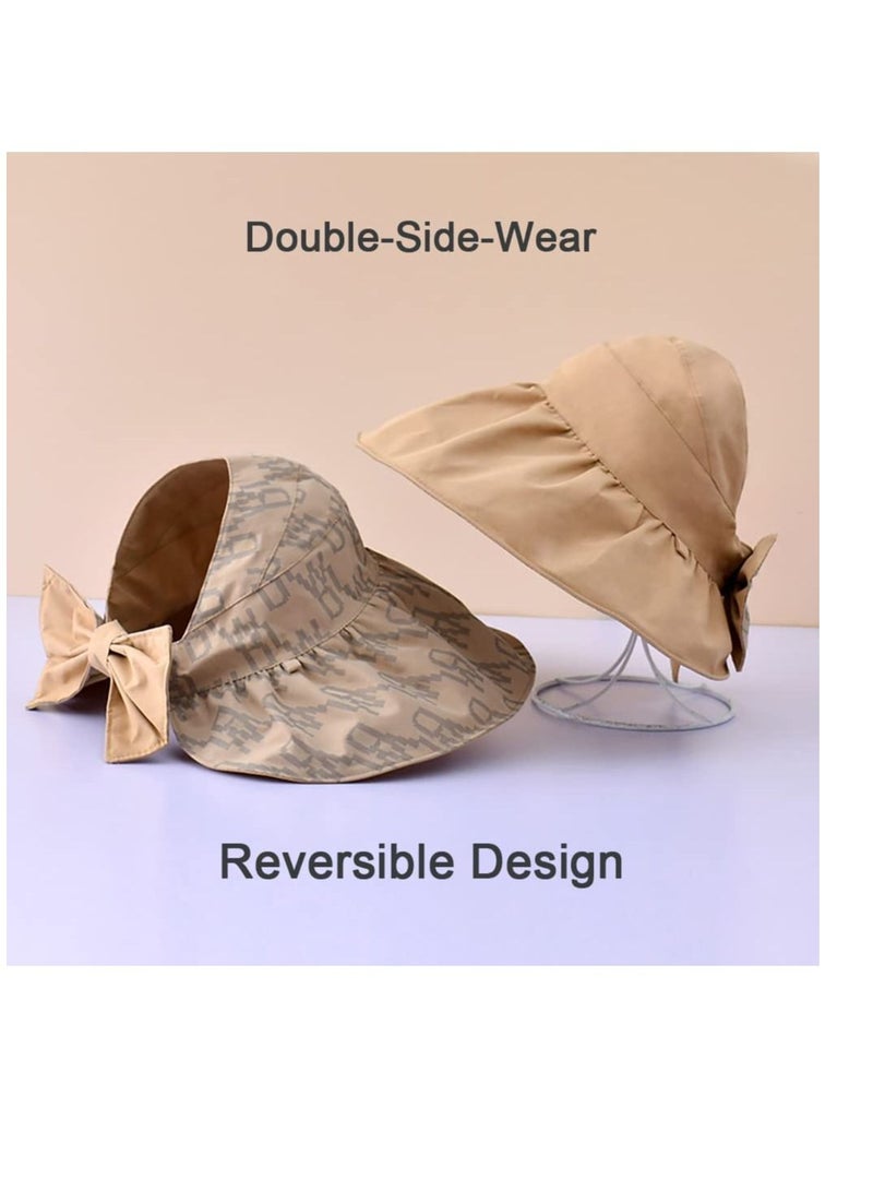 Women Sun Hat, Summer Beach Caps Hat Wide Brim UV Protection Floppy Brown Roll Up Double-Side-Wear Ponytail Hats Baseball Adjustable Cap