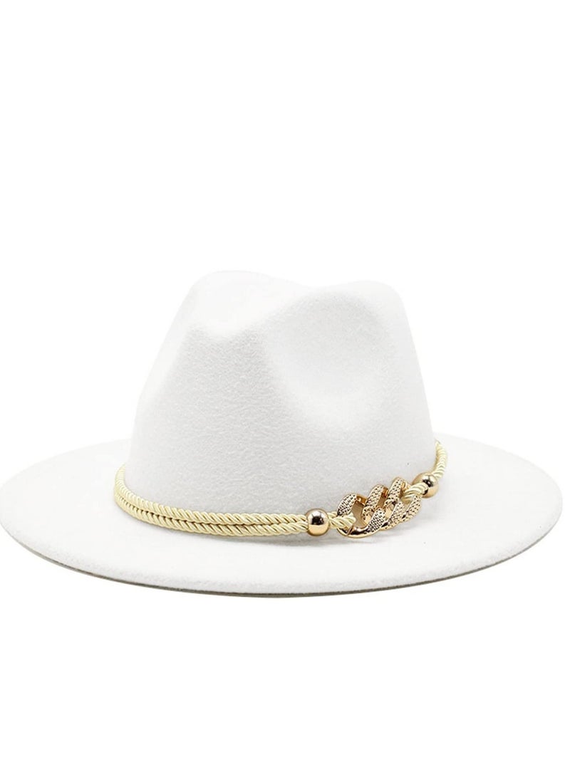 Womens Wide Brim Panama Hat Lady Mens Felt Fedora with Ring Belt, White