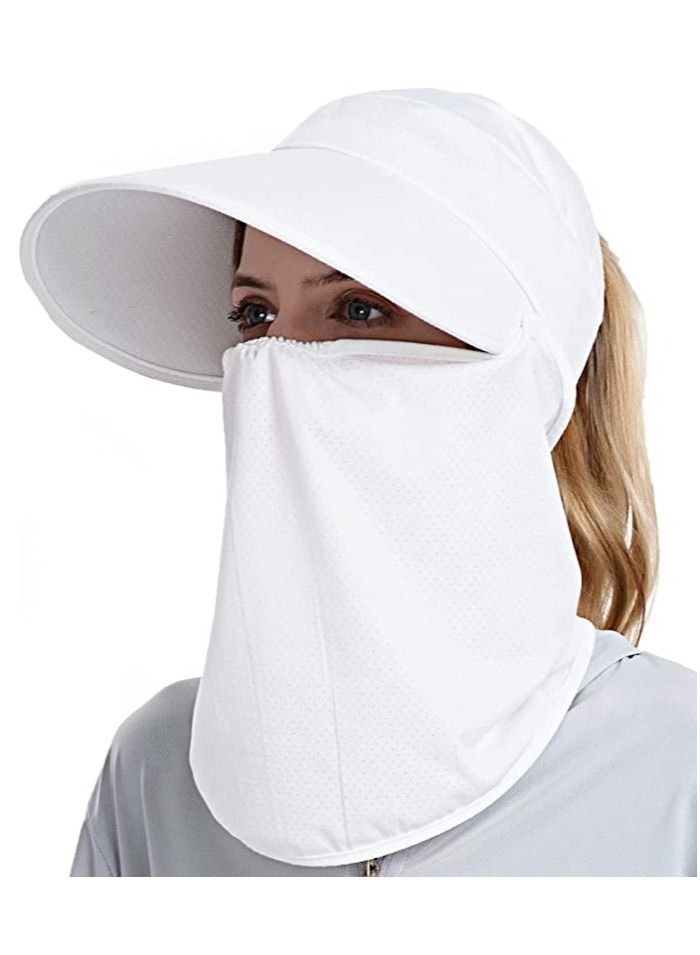 Fishing Hat, Sun Visors UV Protection Ice Cooling Hat Ponytail Hole with Detachable Neck Flap for Men Women, Hiking Gardening Beach Farmer (White)