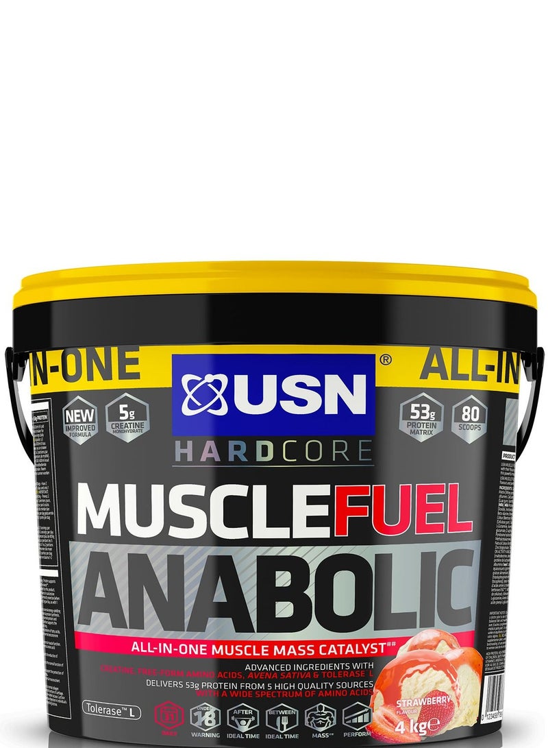 USN Muscle Fuel Anabolic Strawberry All-in-one Protein Powder Shake (4kg): Workout-Boosting, Anabolic Protein Powder for Muscle Gain