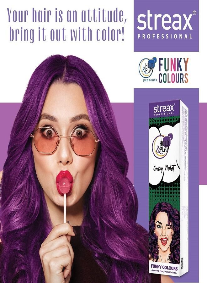 Streax Professional Hold & Play Funky Colour Crazy Violet 100gm.Semi permanent hair colour.Hair colour for women.Violet hair colour.Streax Professional hair colour.Ammonia & Peroxide free.