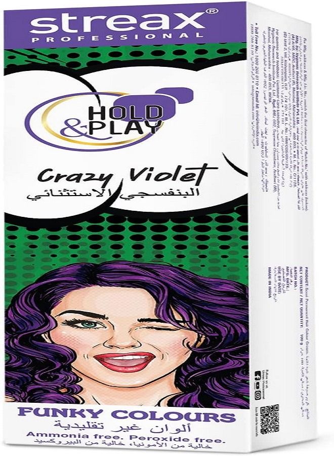 Streax Professional Hold & Play Funky Colour Crazy Violet 100gm.Semi permanent hair colour.Hair colour for women.Violet hair colour.Streax Professional hair colour.Ammonia & Peroxide free.