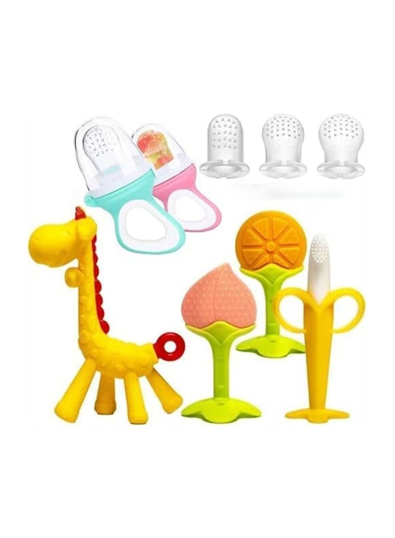 Teething Toys for Babies, DMG Baby Teether Chew Toys, With 2 Fruit Feeders and 4 Silicone Teethers, 3 Different Sized Sacs, BPA Free Natural Organic Freezer Teethers