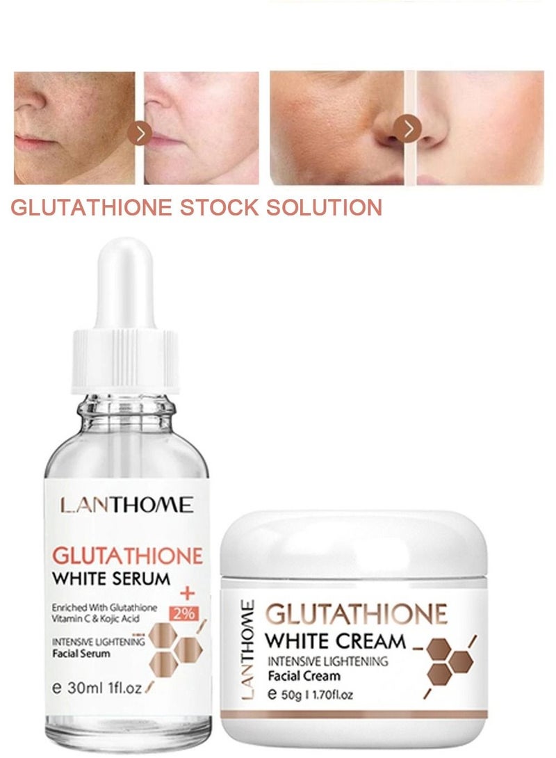 Glutathione Kojic Acid Cream and Serum Brighting Dark Spots Acne Scars Intensively Hydrating Soothing Provide Elastic Youthful Skin Natural Skin Nourishing Resurfacing Fade Cream and Serum 50ml + 30ml