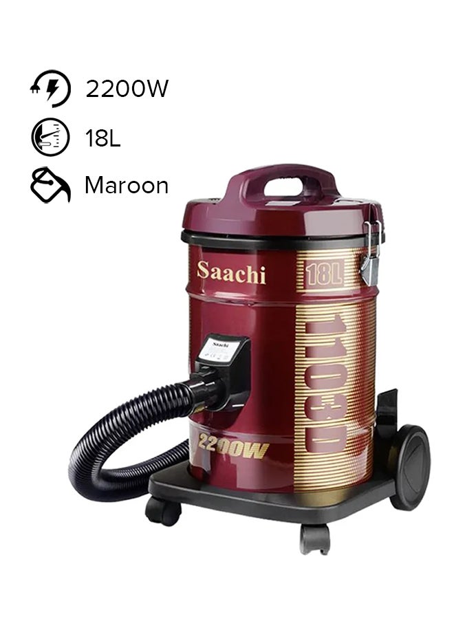 Dry Vacuum Cleaner with a Cyclonic Multi-Filtration System, 5 Meters Long Cord, Blow Function and Additional Brushes 2200 W NL-VC-1103D-RD Maroon