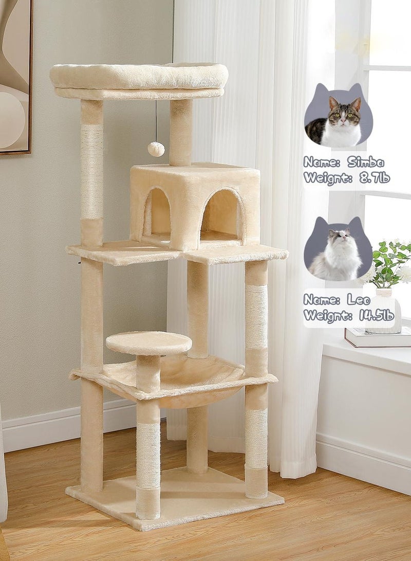 143 cm Tall Cat Tree for Indoor Cats, Multi-Level Cat Tower with Super Large Hammock (52X45cm), Sisal Covered Scratching Posts, Cozy Condo and Top Perch, Beige-56.2''