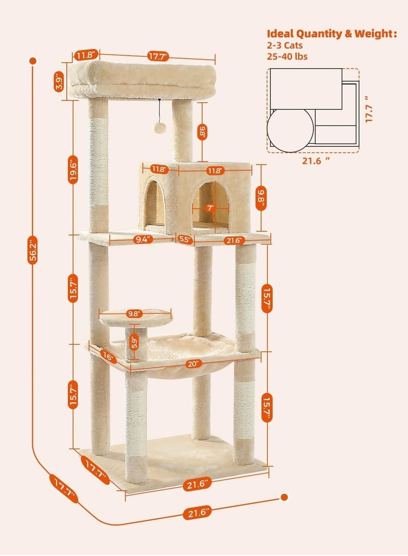 143 cm Tall Cat Tree for Indoor Cats, Multi-Level Cat Tower with Super Large Hammock (52X45cm), Sisal Covered Scratching Posts, Cozy Condo and Top Perch, Beige-56.2''