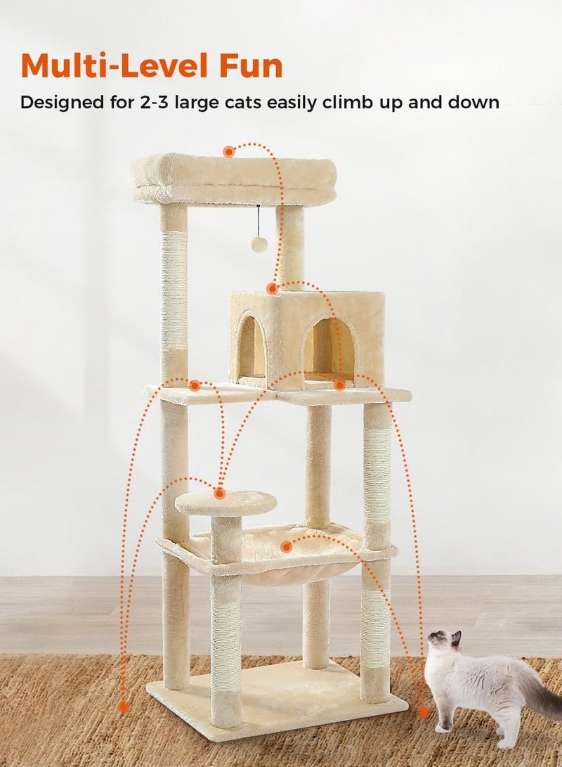 143 cm Tall Cat Tree for Indoor Cats, Multi-Level Cat Tower with Super Large Hammock (52X45cm), Sisal Covered Scratching Posts, Cozy Condo and Top Perch, Beige-56.2''