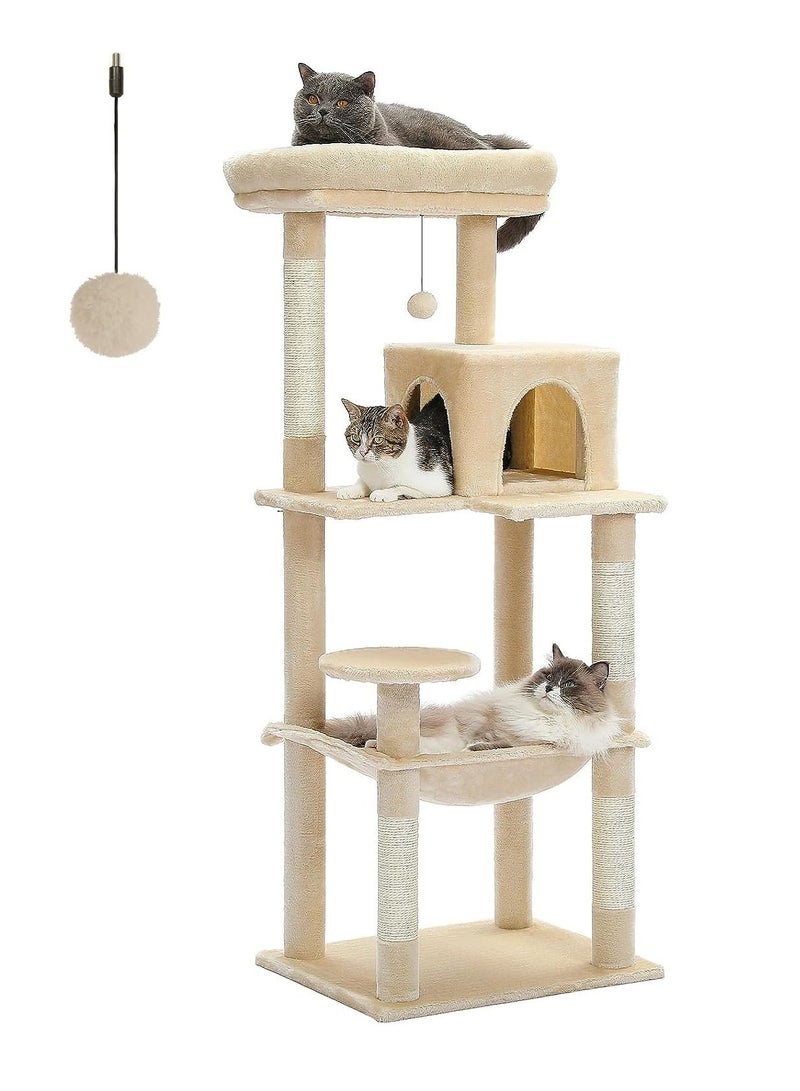 143 cm Tall Cat Tree for Indoor Cats, Multi-Level Cat Tower with Super Large Hammock (52X45cm), Sisal Covered Scratching Posts, Cozy Condo and Top Perch, Beige-56.2''