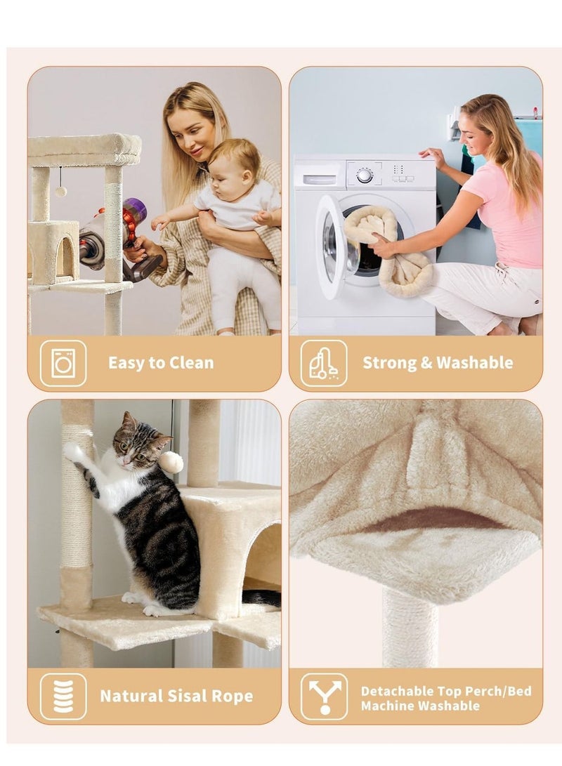 143 cm Tall Cat Tree for Indoor Cats, Multi-Level Cat Tower with Super Large Hammock (52X45cm), Sisal Covered Scratching Posts, Cozy Condo and Top Perch, Beige-56.2''