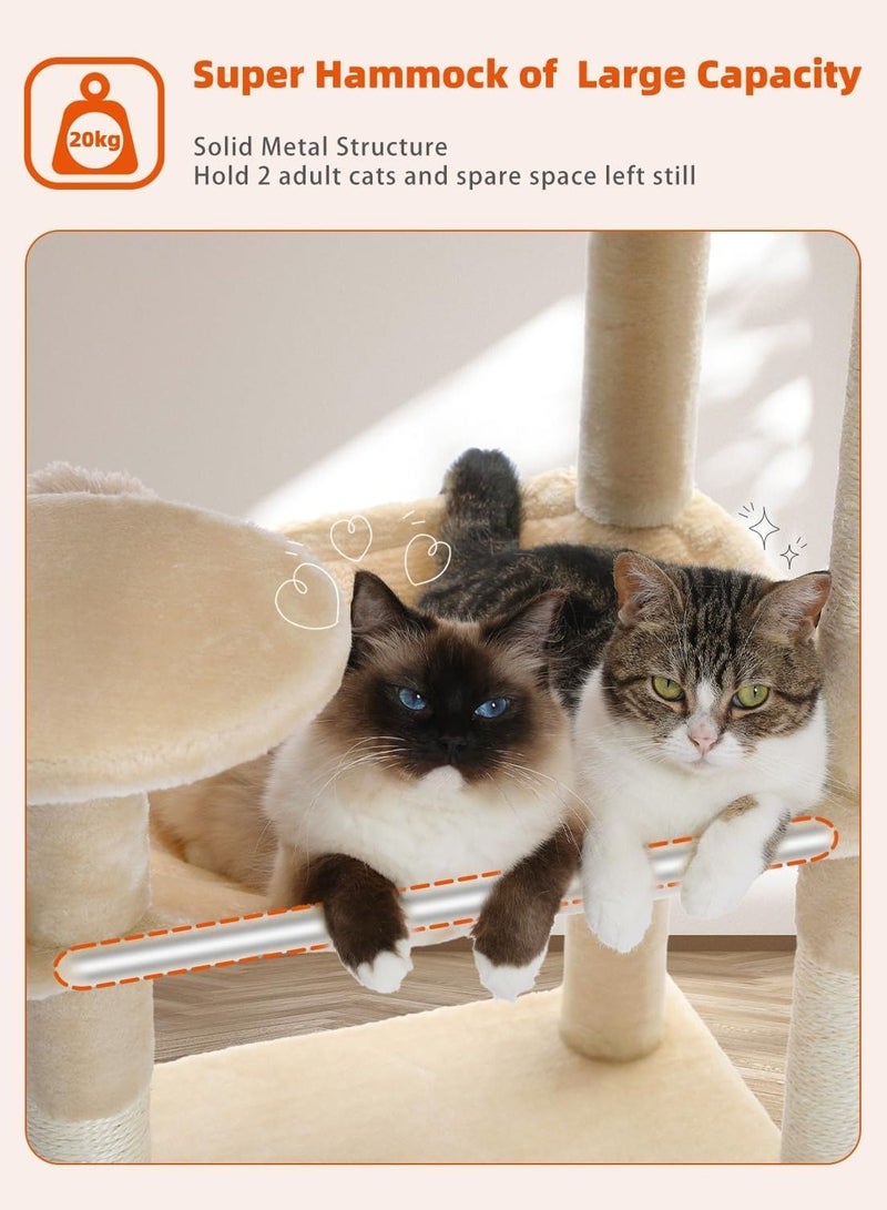 143 cm Tall Cat Tree for Indoor Cats, Multi-Level Cat Tower with Super Large Hammock (52X45cm), Sisal Covered Scratching Posts, Cozy Condo and Top Perch, Beige-56.2''