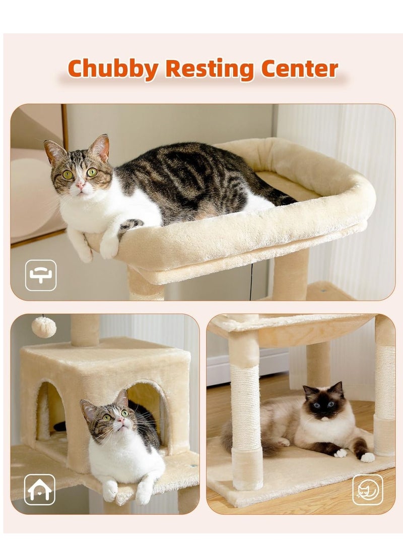 143 cm Tall Cat Tree for Indoor Cats, Multi-Level Cat Tower with Super Large Hammock (52X45cm), Sisal Covered Scratching Posts, Cozy Condo and Top Perch, Beige-56.2''