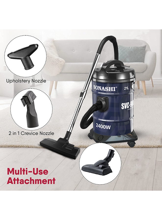 21 Liter Drum Vacuum Cleaner | Large Capacity of 21 Litres with Dust Full Indicator, Blow Function | Multi-Stage Filtration with Strong Suction Power | Vacuum Cleaner 2400 W SVC-9008DN Blue/Black