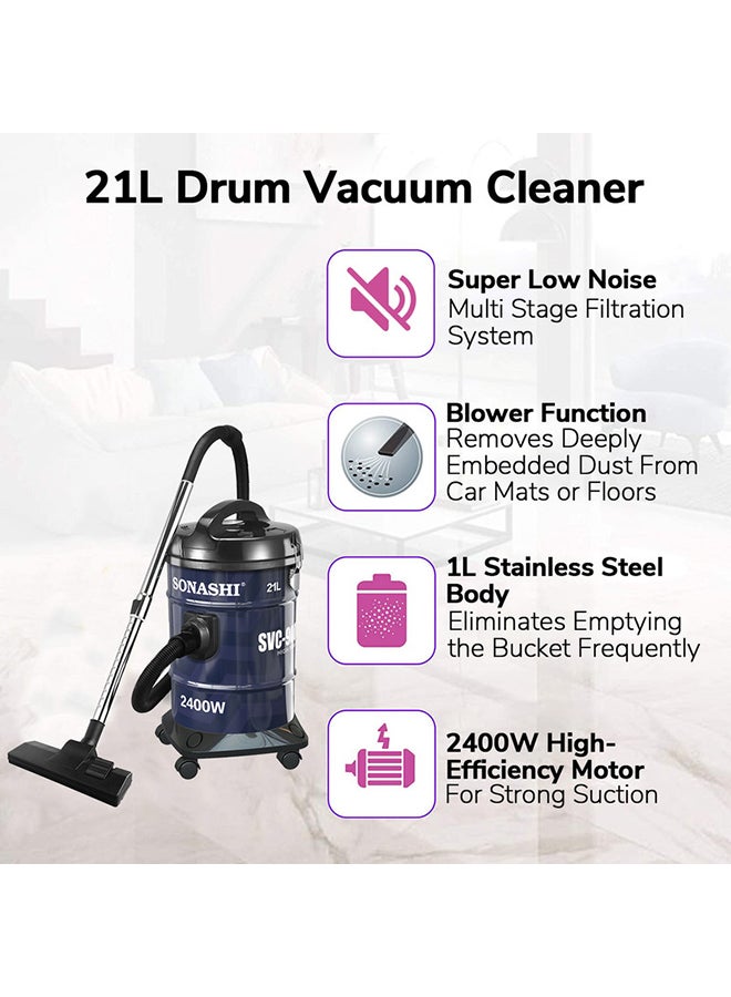 21 Liter Drum Vacuum Cleaner | Large Capacity of 21 Litres with Dust Full Indicator, Blow Function | Multi-Stage Filtration with Strong Suction Power | Vacuum Cleaner 2400 W SVC-9008DN Blue/Black