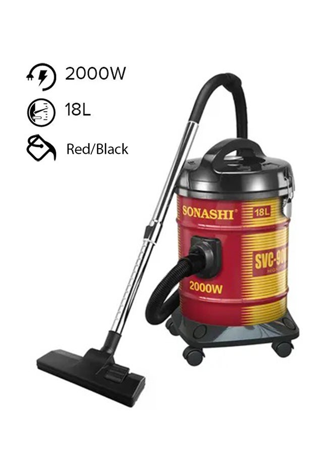 18L Drum Vacuum Cleaner with Multi Filtration System | Big Dust Capacity with Strong Suction and Super Low Noise | Easy Moveable with Wheels | Dust Full Indicator 2000 W SVC-9007DN Red/Black