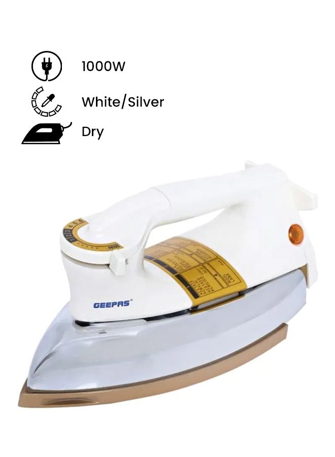 Electric Dry Iron, Golden Ceramic Soleplate Iron, 1000W Heavy Weight Iron with Adjustable Temperature | Pilot Indicator Lamp | Overheat Protection | Swivel Cord 1000.0 W Gdi2752 White/Silver