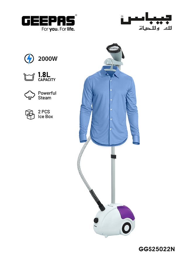 Garment Steamer, 2000W Vertical Steamer, GGS25022N | Portable, Fast Heat Clothes Steamer | Dual Steam Levels | 1.5L Large Water Tank | Perfect for All Types Of Clothes 1.8 L 2000 W GGS25022N White,Violet