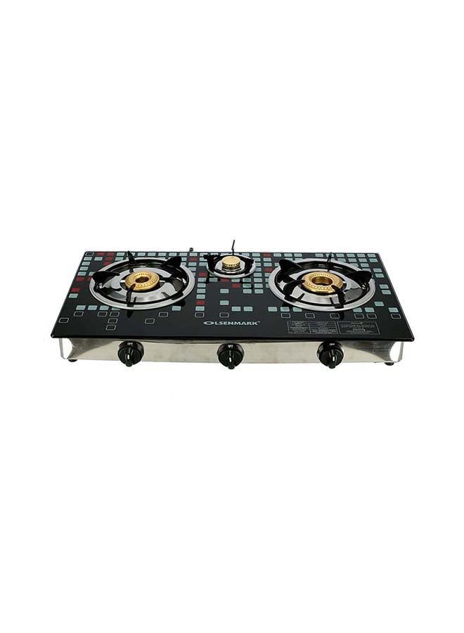 Triple Burner Gas Stove with Tempered Glass Top, Auto Ignition, Cast Iron Burners and Stainless Steel Drip Pan OMK2224 Black/Silver