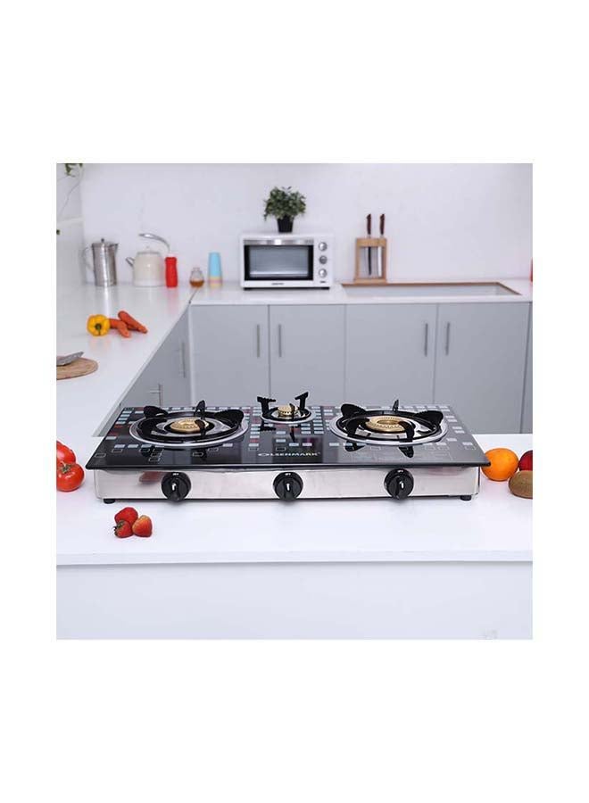 Triple Burner Gas Stove with Tempered Glass Top, Auto Ignition, Cast Iron Burners and Stainless Steel Drip Pan OMK2224 Black/Silver