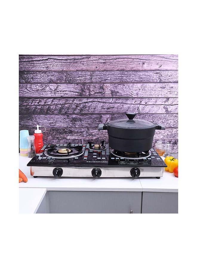 Triple Burner Gas Stove with Tempered Glass Top, Auto Ignition, Cast Iron Burners and Stainless Steel Drip Pan OMK2224 Black/Silver