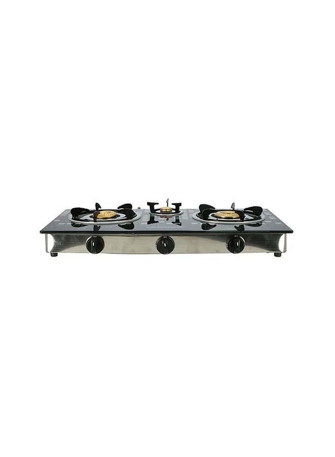 Triple Burner Gas Stove with Tempered Glass Top, Auto Ignition, Cast Iron Burners and Stainless Steel Drip Pan OMK2224 Black/Silver