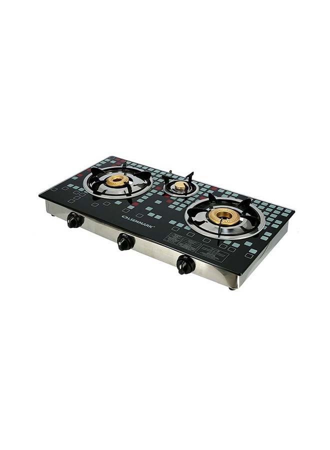 Triple Burner Gas Stove with Tempered Glass Top, Auto Ignition, Cast Iron Burners and Stainless Steel Drip Pan OMK2224 Black/Silver