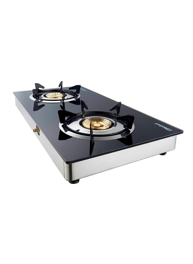 Gas Stove with Dual Gas Burner, 1 x 90mm Single Burner (3,0kW ) + 1 x 90mm Double Burner (3,5kW) with Glass Black Brass Glass Top Auto Ignition Double Burner NGT2111 Black