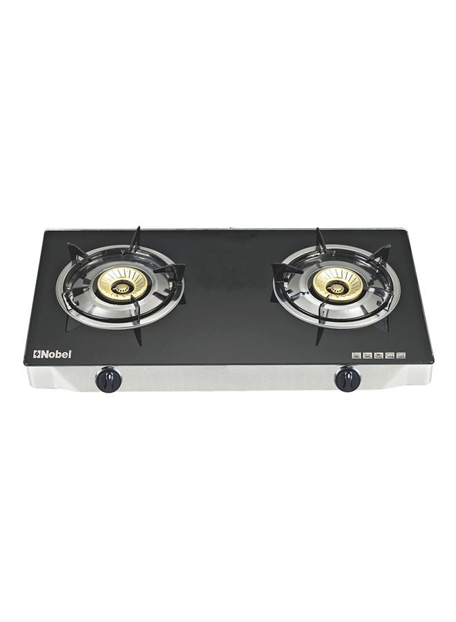 Gas Stove with Dual Gas Burner, 1 x 90mm Single Burner (3,0kW ) + 1 x 90mm Double Burner (3,5kW) with Glass Black Brass Glass Top Auto Ignition Double Burner NGT2111 Black