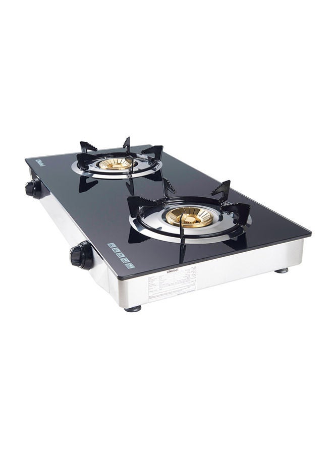 Gas Stove with Dual Gas Burner, 1 x 90mm Single Burner (3,0kW ) + 1 x 90mm Double Burner (3,5kW) with Glass Black Brass Glass Top Auto Ignition Double Burner NGT2111 Black