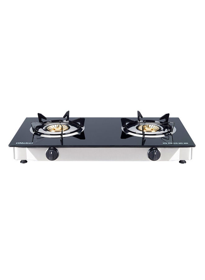 Gas Stove with Dual Gas Burner, 1 x 90mm Single Burner (3,0kW ) + 1 x 90mm Double Burner (3,5kW) with Glass Black Brass Glass Top Auto Ignition Double Burner NGT2111 Black