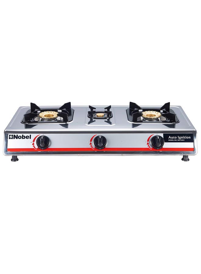 3 Gas Burner/3 Brass Burners Gas Stove Stainless Steel Enamel Porcelain Trivet Auto Ignition Tripple Burner 710 x 410 x 140 (W x D x H) mm NGT3001 Silver