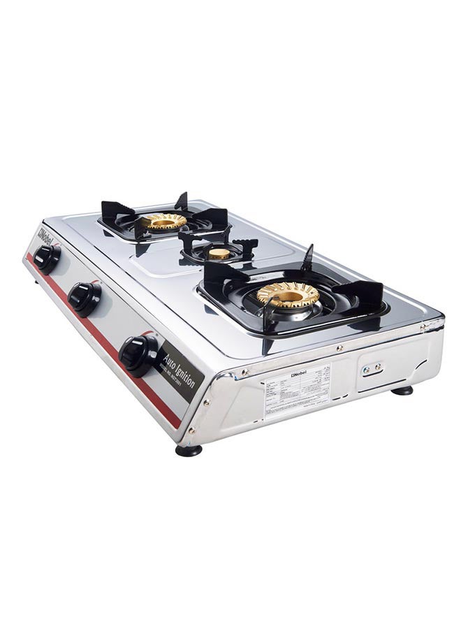 3 Gas Burner/3 Brass Burners Gas Stove Stainless Steel Enamel Porcelain Trivet Auto Ignition Tripple Burner 710 x 410 x 140 (W x D x H) mm NGT3001 Silver