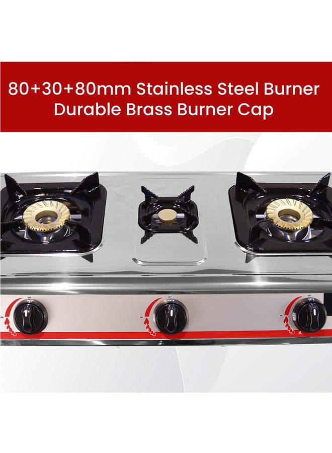 3 Gas Burner/3 Brass Burners Gas Stove Stainless Steel Enamel Porcelain Trivet Auto Ignition Tripple Burner 710 x 410 x 140 (W x D x H) mm NGT3001 Silver