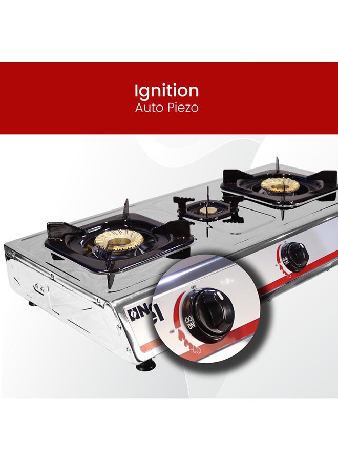 3 Gas Burner/3 Brass Burners Gas Stove Stainless Steel Enamel Porcelain Trivet Auto Ignition Tripple Burner 710 x 410 x 140 (W x D x H) mm NGT3001 Silver