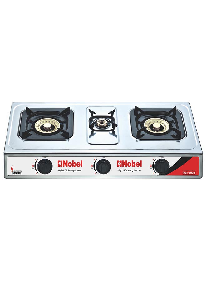 3 Gas Burner/3 High Efficiency Burner Gas Stove Cold Steel Paint Finish Look and Piezo Ignition, with 90mm Single Burner, 40mm Single Burner, 90mm Double Brass Cover NGT3007 Stainless Steel