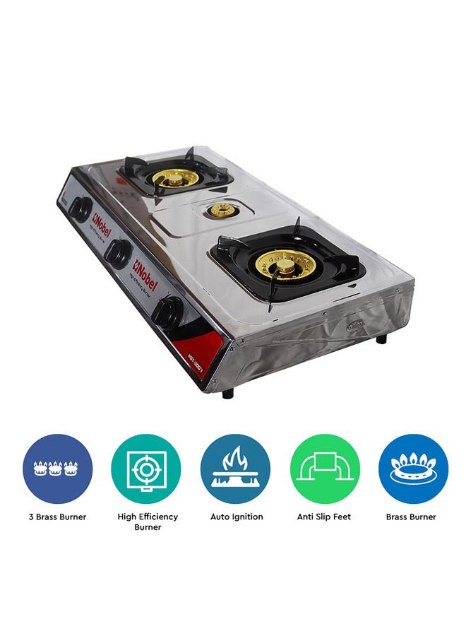 3 Gas Burner/3 High Efficiency Burner Gas Stove Cold Steel Paint Finish Look and Piezo Ignition, with 90mm Single Burner, 40mm Single Burner, 90mm Double Brass Cover NGT3007 Stainless Steel