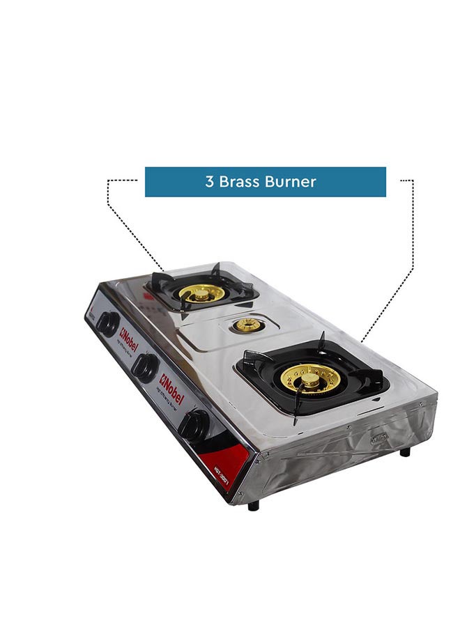 3 Gas Burner/3 High Efficiency Burner Gas Stove Cold Steel Paint Finish Look and Piezo Ignition, with 90mm Single Burner, 40mm Single Burner, 90mm Double Brass Cover NGT3007 Stainless Steel