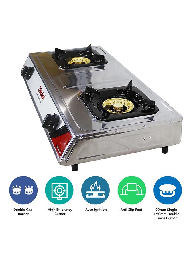 Gas Stove/Dual Gas Burner 90mm Single + 90mm Double Brass Burner Auto Ignition 720 x 390 x 95 (W x D x H) mm NGT2007 Silver