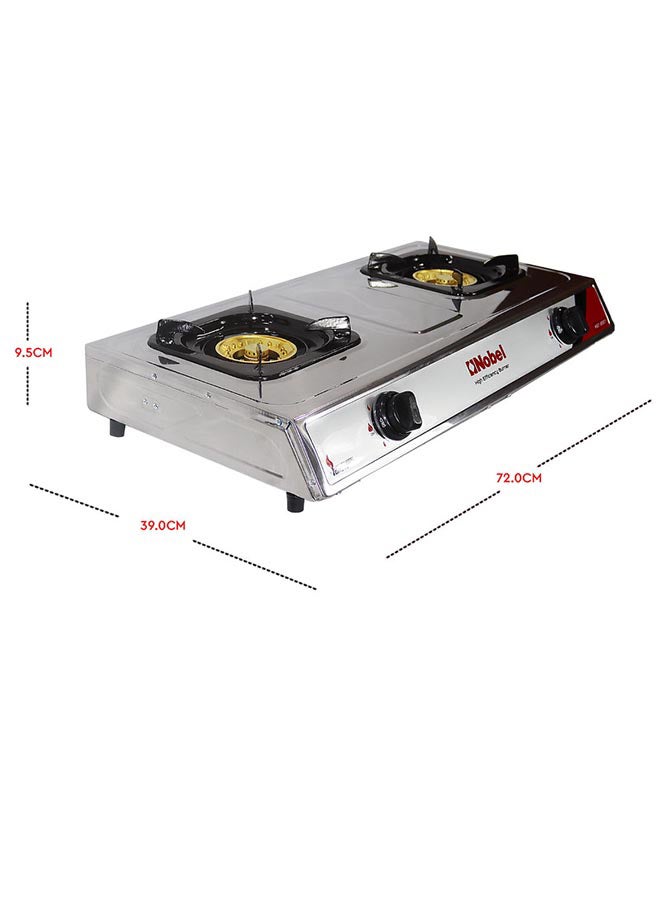 Gas Stove/Dual Gas Burner 90mm Single + 90mm Double Brass Burner Auto Ignition 720 x 390 x 95 (W x D x H) mm NGT2007 Silver