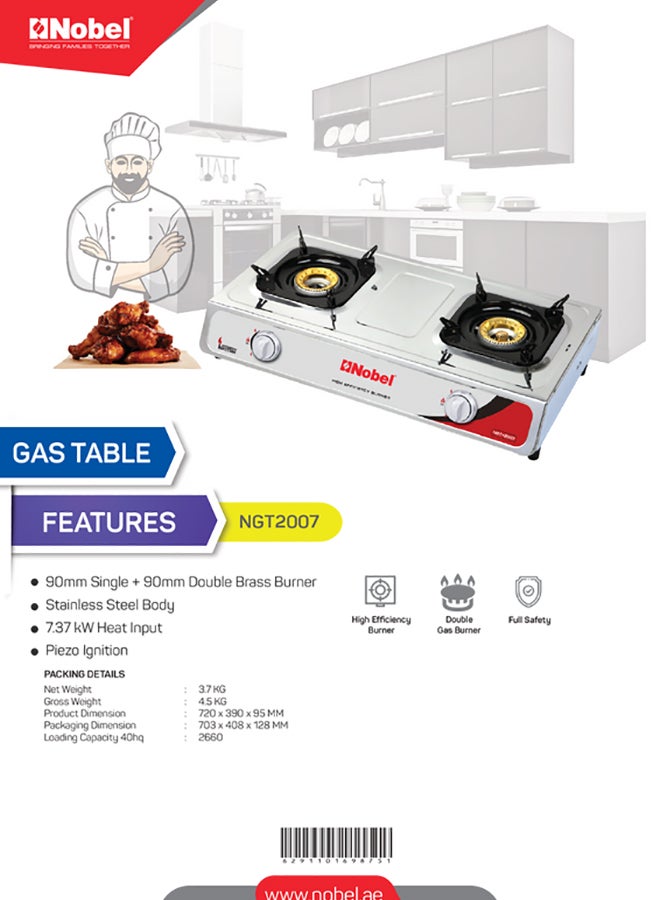 Gas Stove/Dual Gas Burner 90mm Single + 90mm Double Brass Burner Auto Ignition 720 x 390 x 95 (W x D x H) mm NGT2007 Silver