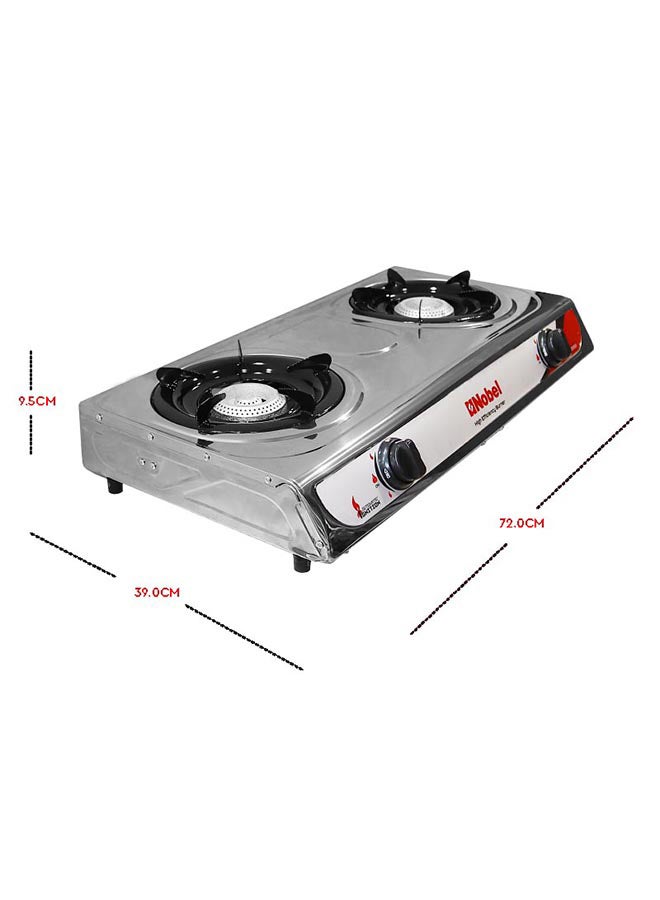 Dual Gas Burner/Gas Stove, 2 Brass Burners with Auto Ignition and Detachable Trivet Product Dimensions: 720 x 390 x 95 (W x D x H) mm NGT2002 Stainless Steel